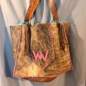 WV Brown Pink Cowhide Western Fringe Stitching Logo Tote Shoulder Bag Women’s